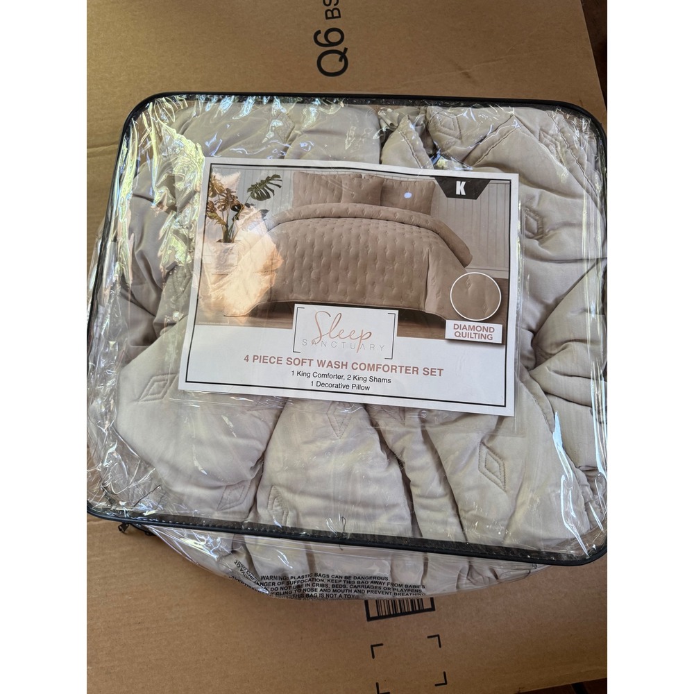Sleep Sanctuary 4 Piece Soft Wash Comforter Set King Diamond Quilting Beige